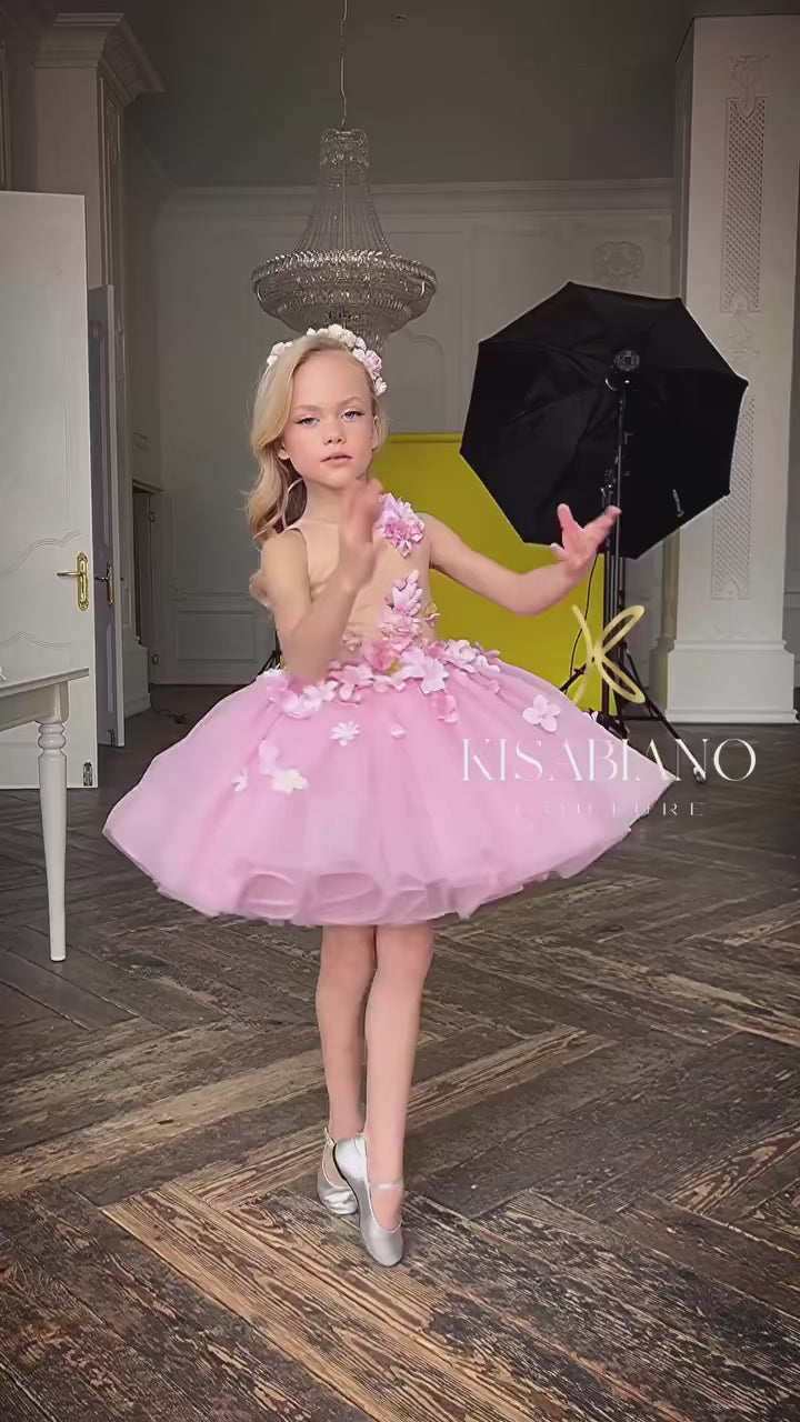 DreamyVow Luxury Dubai Pink Girl Dress 3D Flowers Sleeveless Ball Gown for Kids Wedding Birthday Communion Party Pageant J349