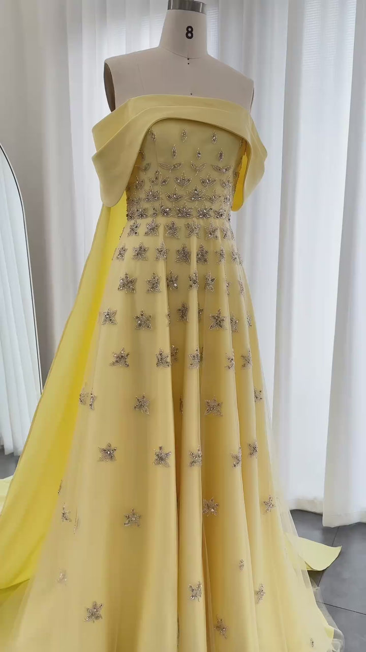 Dreamy Vow Arabic Yellow Satin Luxury Dubai Evening Dress with Cape 2024 Elegant Off Shoulder Women Wedding Party Gowns SS455