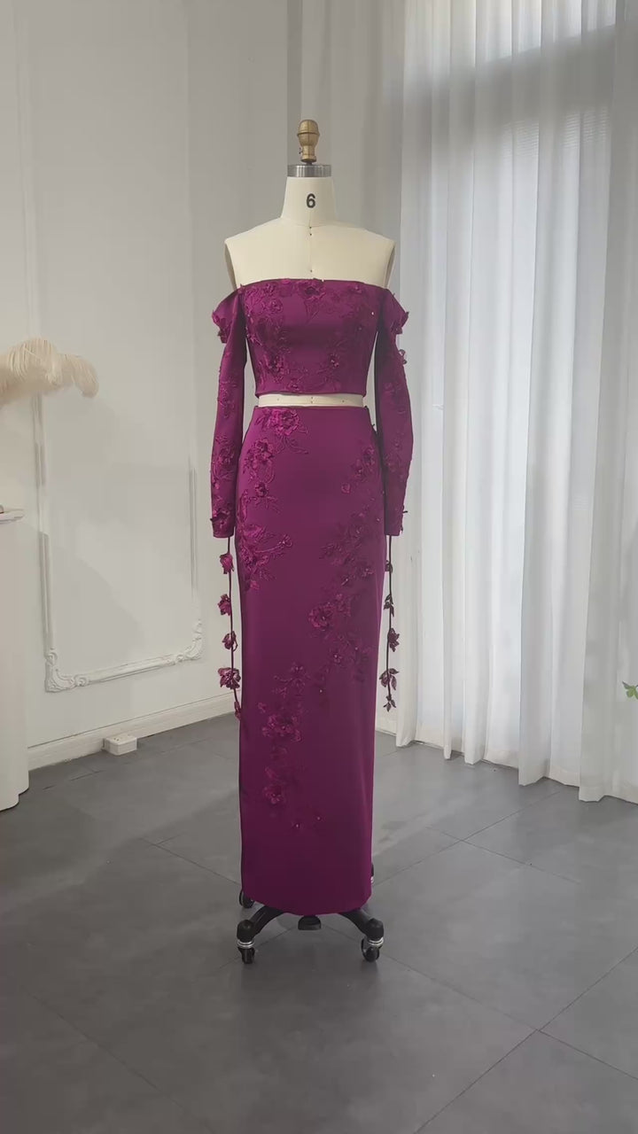 Dreamy Vow Elegant Off Shoulder Fuchsia 2 Pieces Evening Dress with Long Sleeves 3D Flowers Arabic Wedding Party Gowns SS310