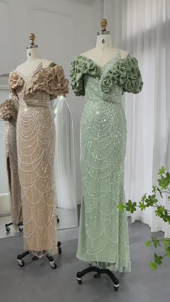 Elegant Off Shoulder Mermaid Sage Green Evening Dresses SS288