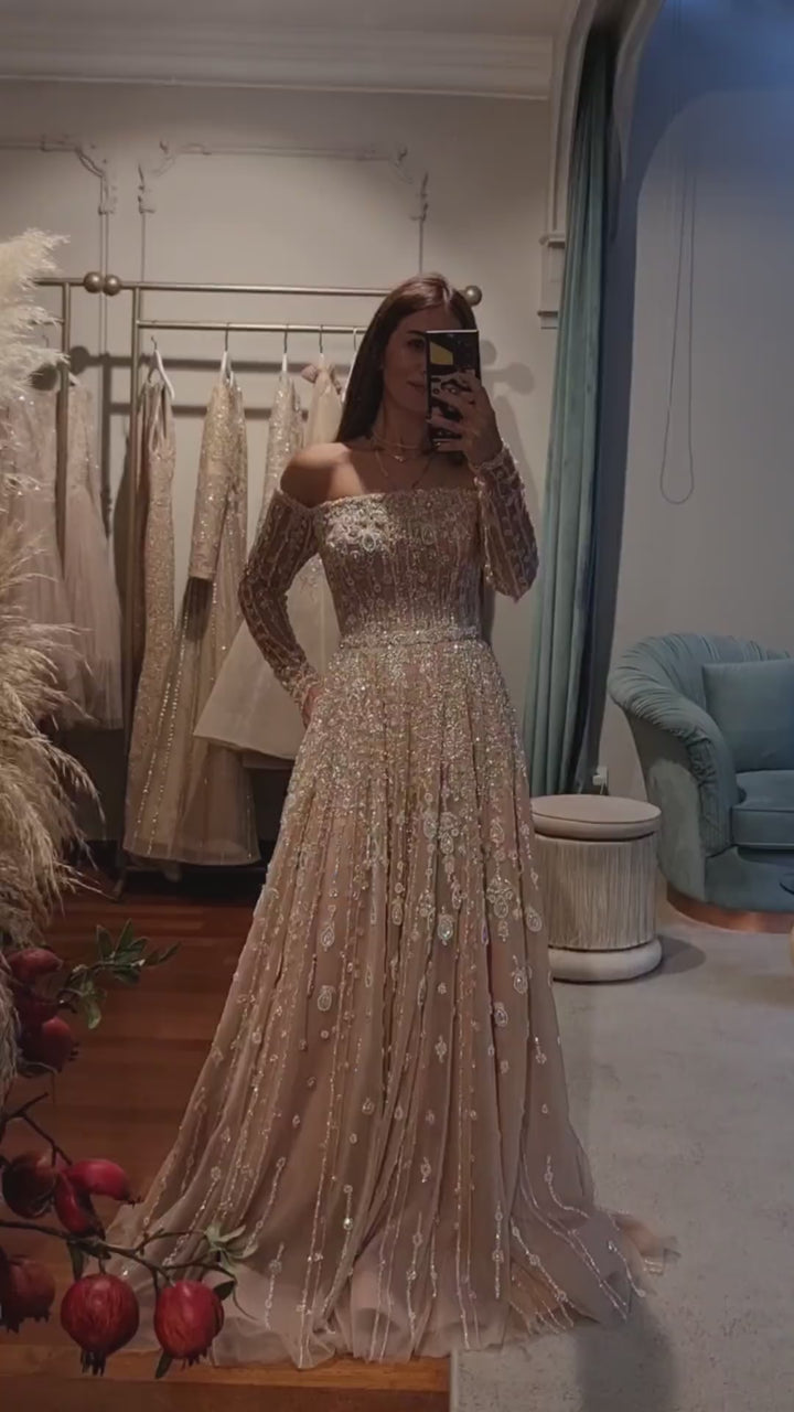 Dreamy Vow Luxury Dubai Nude Evening Dress 2023 Elegant Off Shoulder Long Sleeves Arabic Lilac Women Wedding Pary Gowns SS489