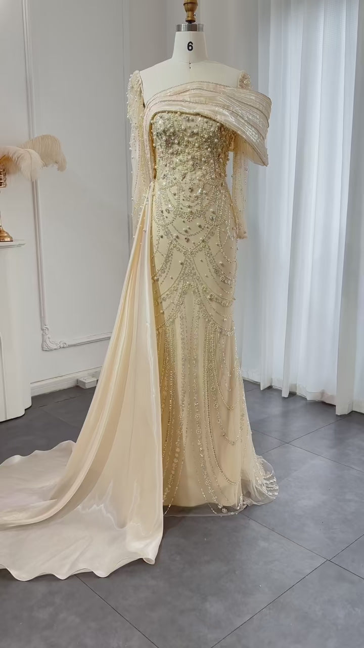 Dreamy Vow Luxury Nude Crystal Mermaid Evening Dress with Overskirt Long Sleeves Dubai Arabic Wedding Formal Prom Gowns SS256