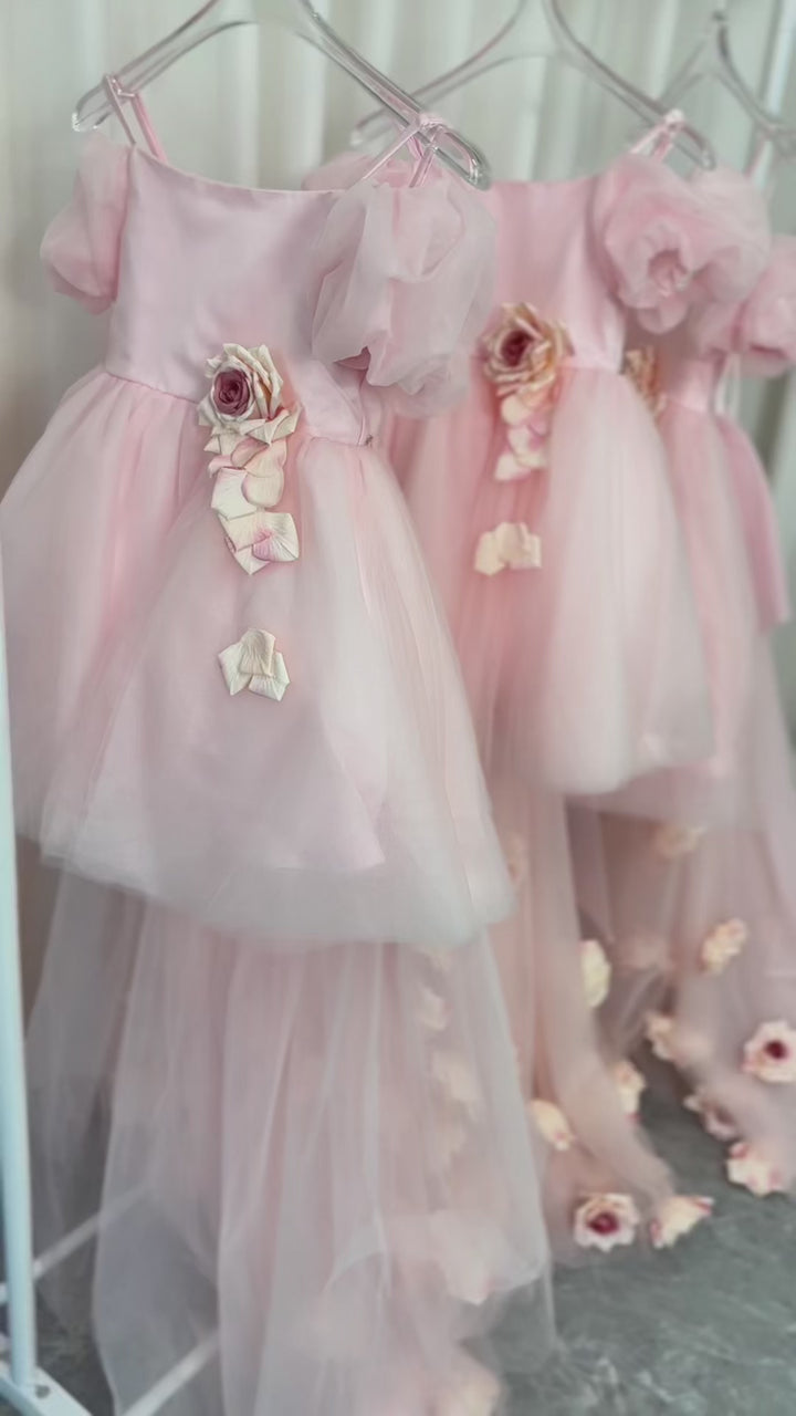 DreamyVow Elegant Arabic Pink Girl Dress with Flowers Dubai Kids Princess Birthday Wedding Party Holiday Gown J254