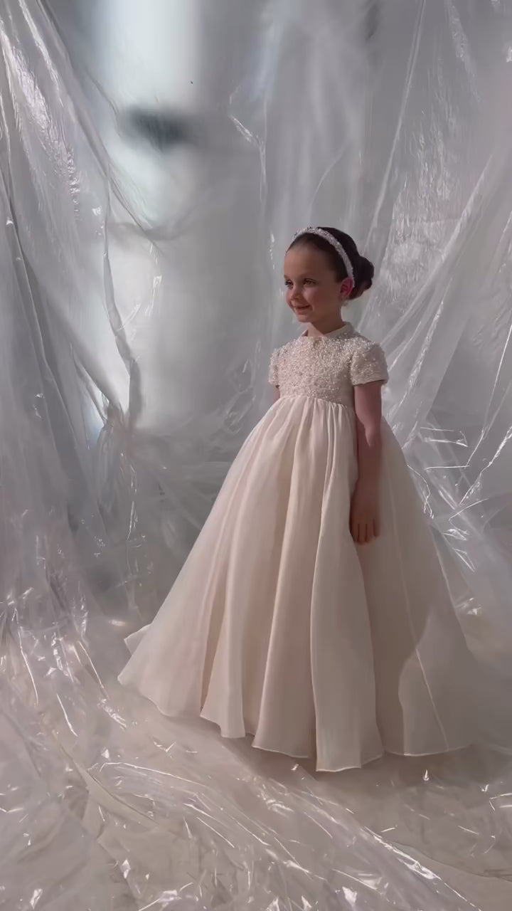 DreamyVow Elegant Ivory Dubai Girl Dress Beads Pearl Arabric Princess Kids Wedding Birthday Party First Communion Gown 2024 J053