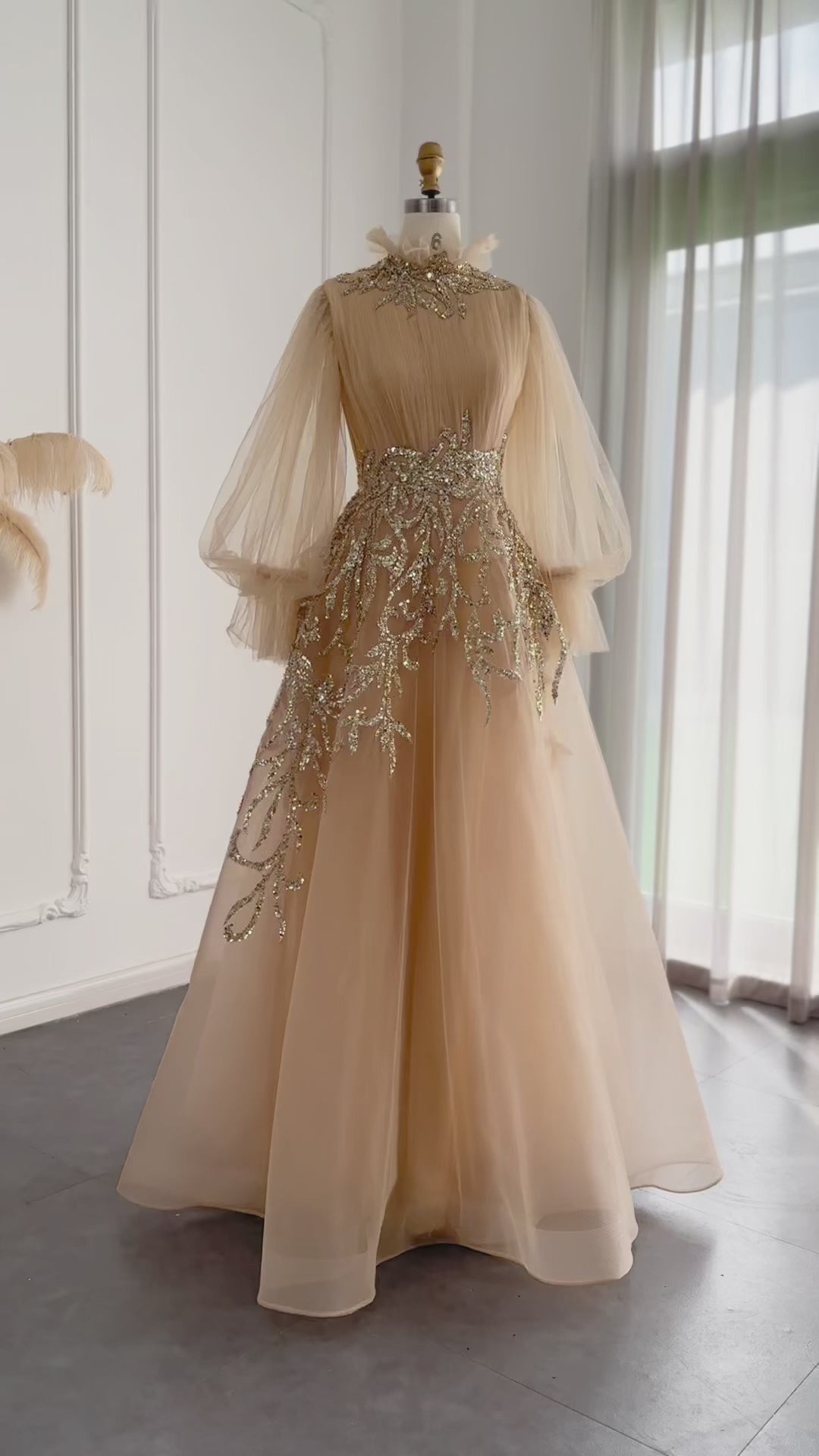 Dreamy Vow Champagne Long Sleeve Muslim Evening Dresses Luxury Dubai Midi Short Arabic Formal Gowns for Wedding Party SS496