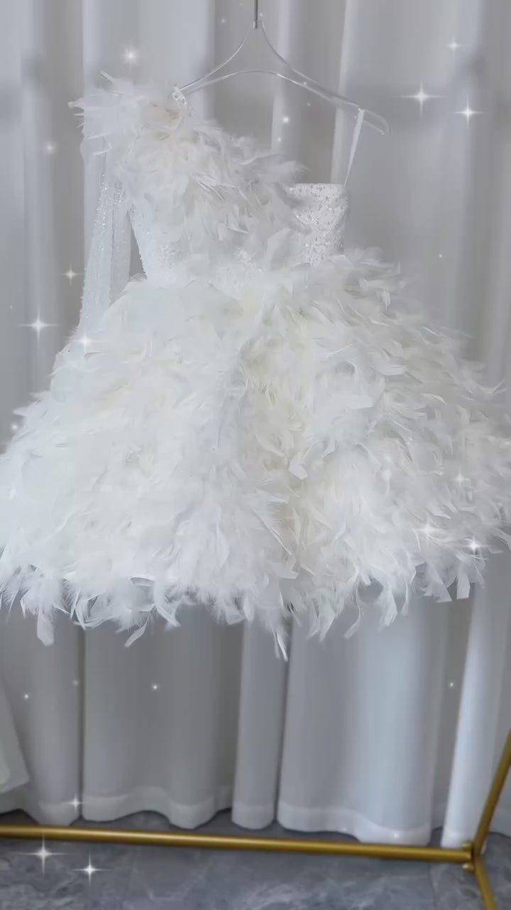 DreamyVow Luxury Arabic White Girl Dress Feathers Princess J394