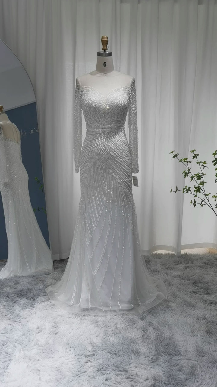 Dreamy Vow Luxury Dubai Blue Mermaid Evening Dresses for Women Wedding 2023 Elegant White Long Sleeve Formal Prom Gowns SS112