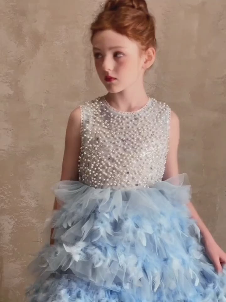 DreamyVow Elegant Blue Feathers Girl Dress Pearls Princess Gown J299