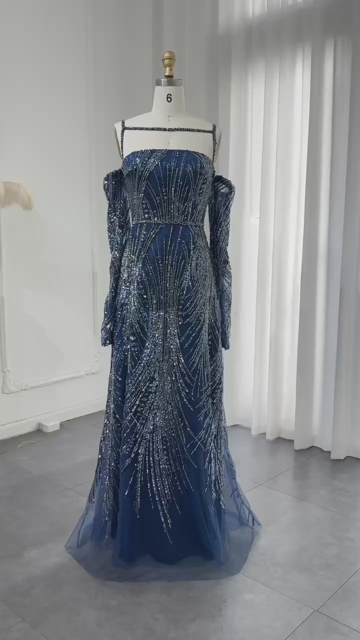 Luxury Beaded Navy Blue Mermaid Evening Dress with Long Sleeves SS396