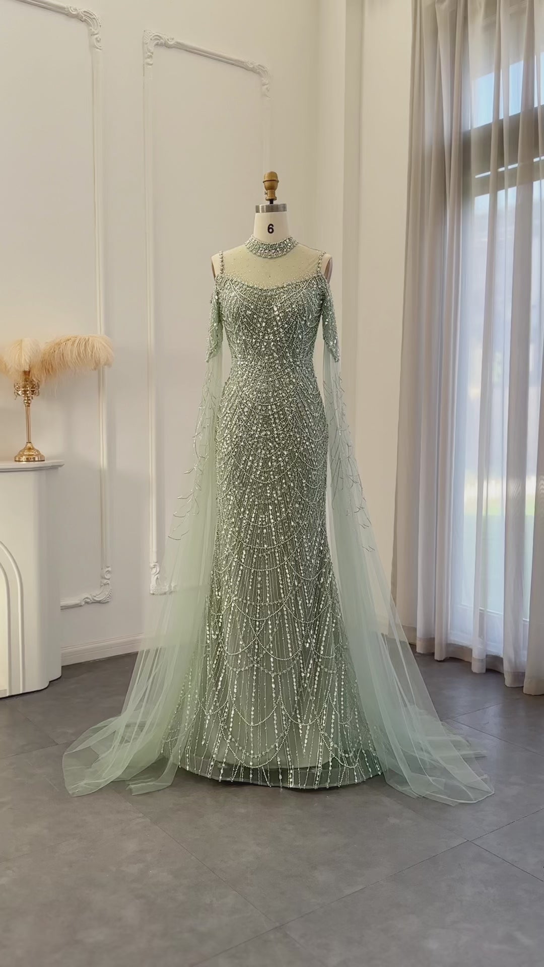 Dreamy Vow Sage Green Mermaid Luxury Dubai Evening Dress with Cape Sleeves SS205