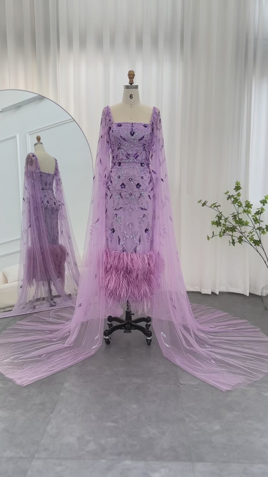 Dreamy Vow Dubai Luxury Feathers Lilac Evening Dress with Cape Sleeves Ankle Length Midi Arabic Women Wedding Party Gowns SS381