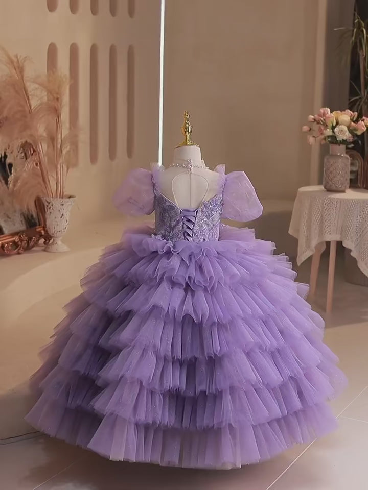 DreamyVow Luxury Lilac Girl Dress Beading Arabic Princess Kids Wedding Birthday Party Ball Gown Holy Communion J244