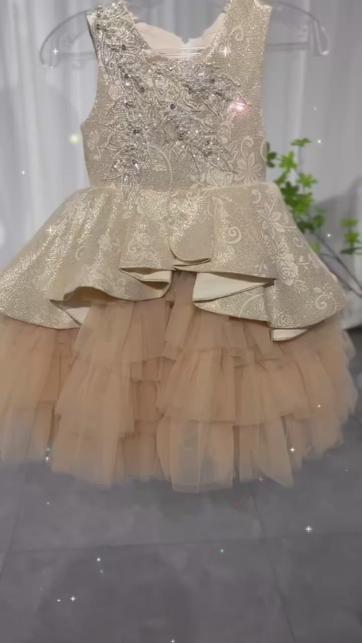 DreamyVow Luxury Champagne Flower Girl Dress Ruffles Pearls Beading Prom Formal Gown for Baby Birthday Wedding Party J403