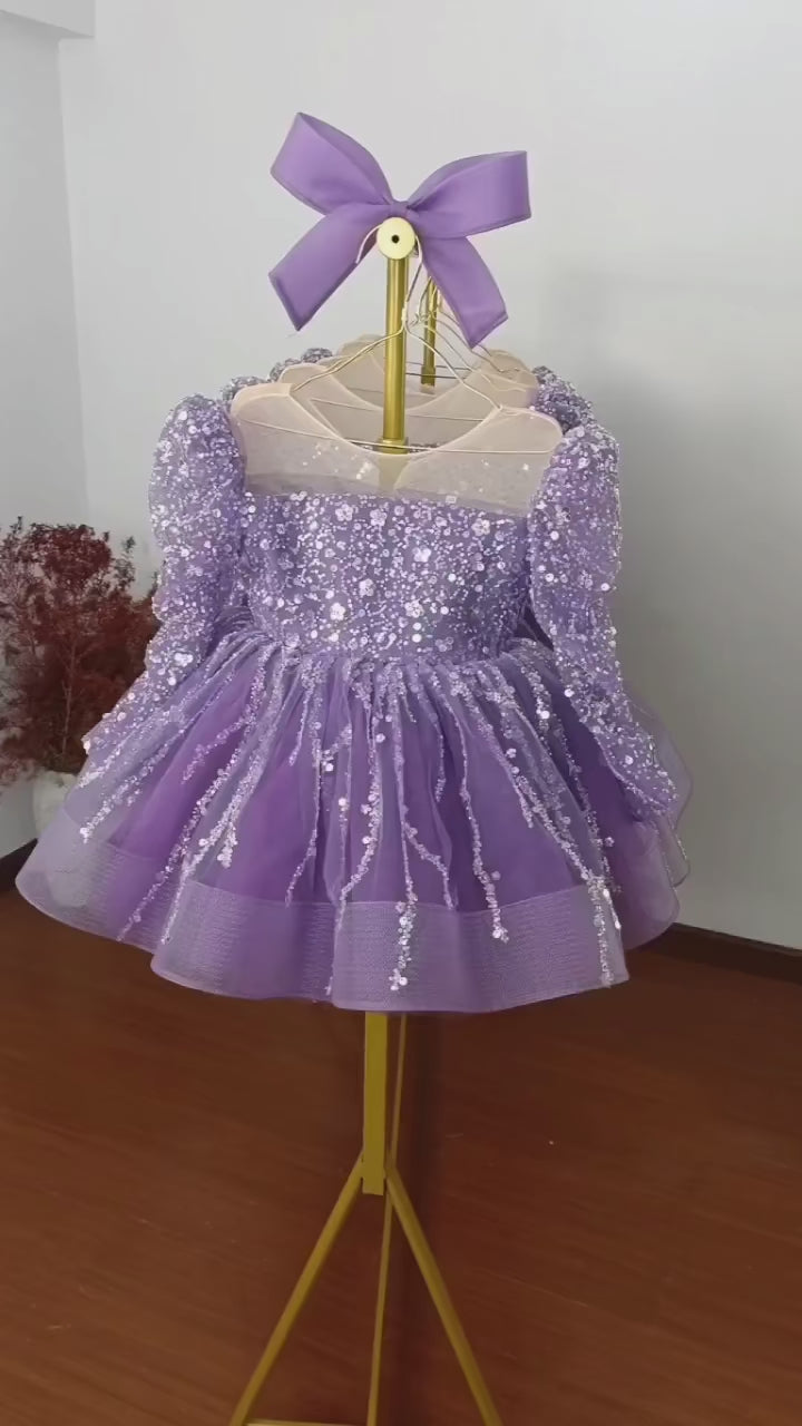 DreamyVow Sparkly Arabic Girl Dress Beading Purple Baby Kids Princess Birthday Wedding Party Children Holiday Gown 2024 J204