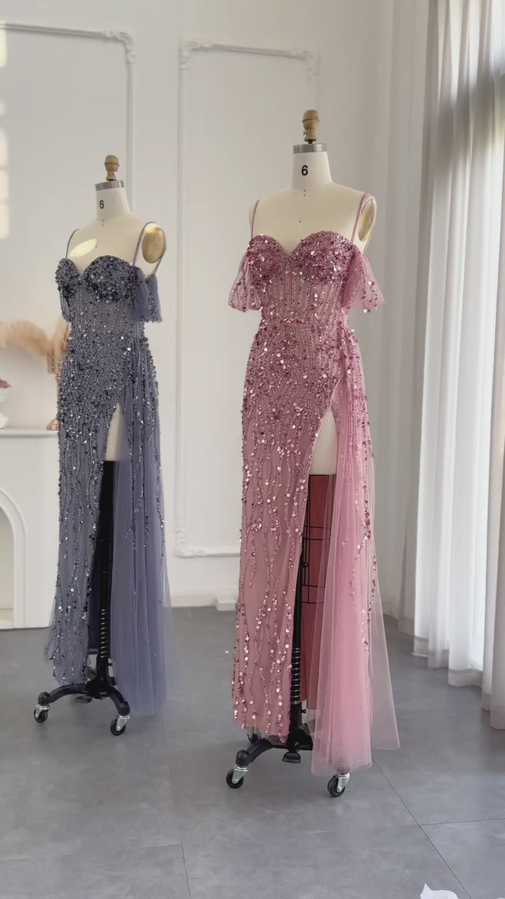 Dreamy Vow Luxus Dubai Meerjungfrau Rosa Abendkleider für Frauen Hochzeit Spaghetti-Trägern High Slit Blau Prom Party Kleider SS356