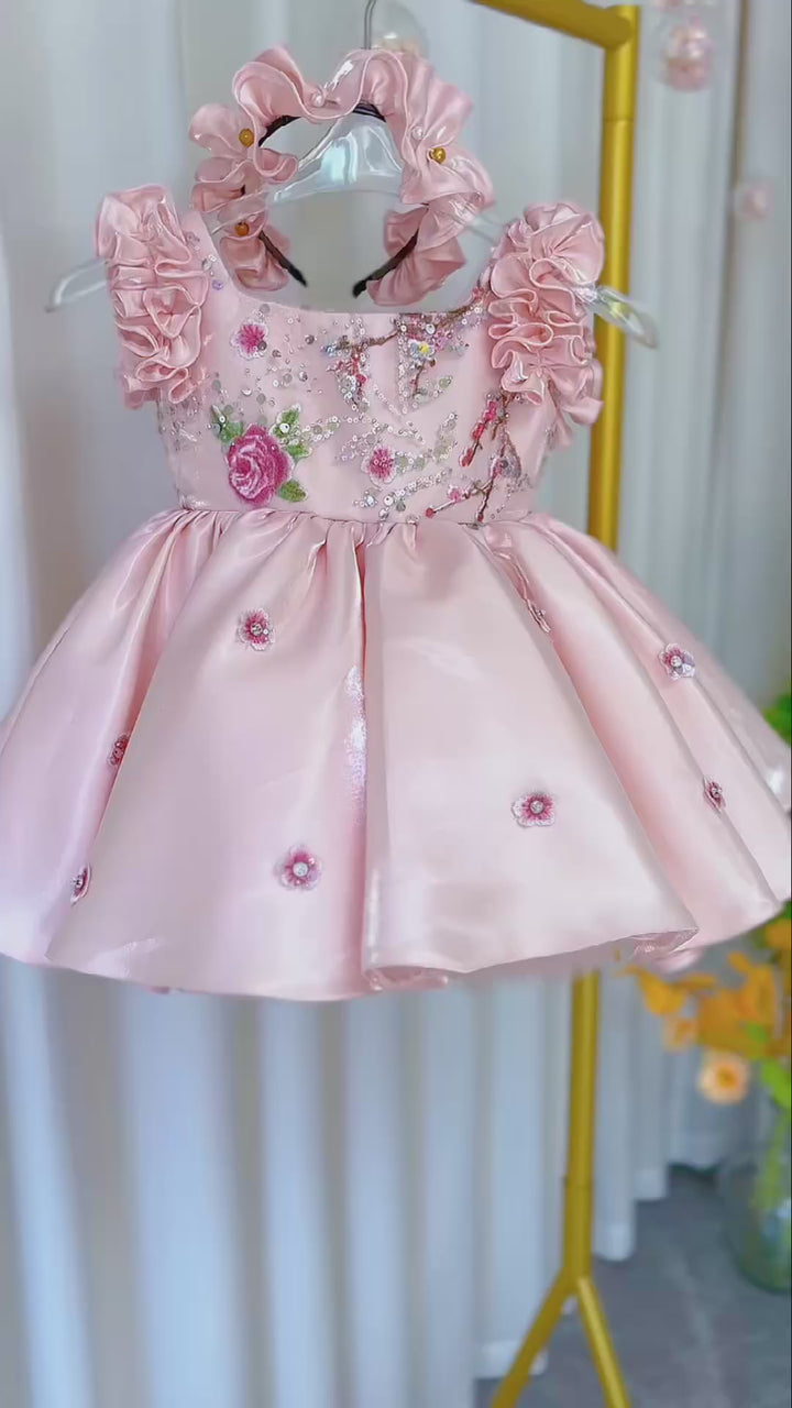 DreamyVow Pink Girl Dress 3D Flowers with Hairband for Kids J026