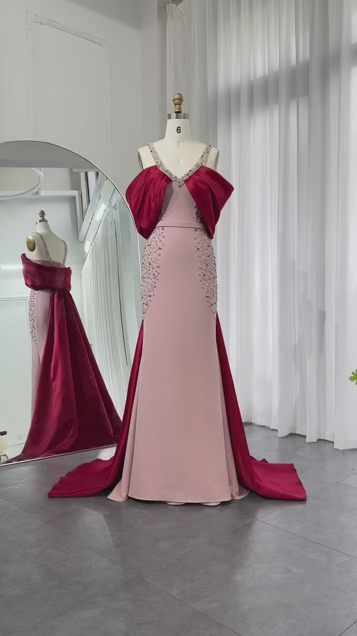 Dreamy Vow Luxury Arabic Pink Burgundy Mermaid Evening Dress with Cape Dubai Engagement Dress for Women Wedding Party SS446