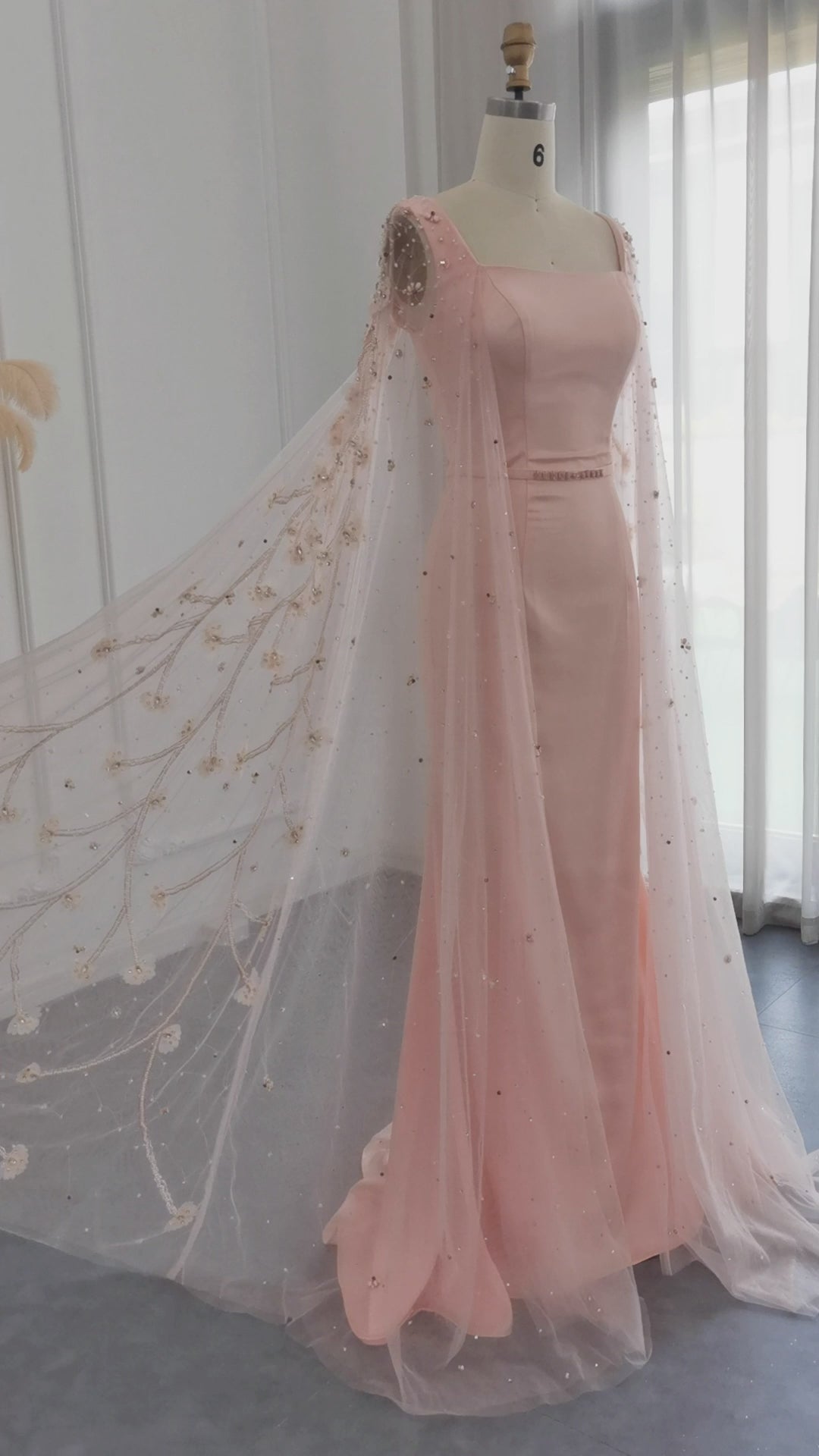 Dreamy Vow Luxury Pink 3D Flowers Mermaid Dubai Evening Dress with Cape Sleeve Crystal Arabic Elegant Women Formal Gowns for Wedding Party SS493
