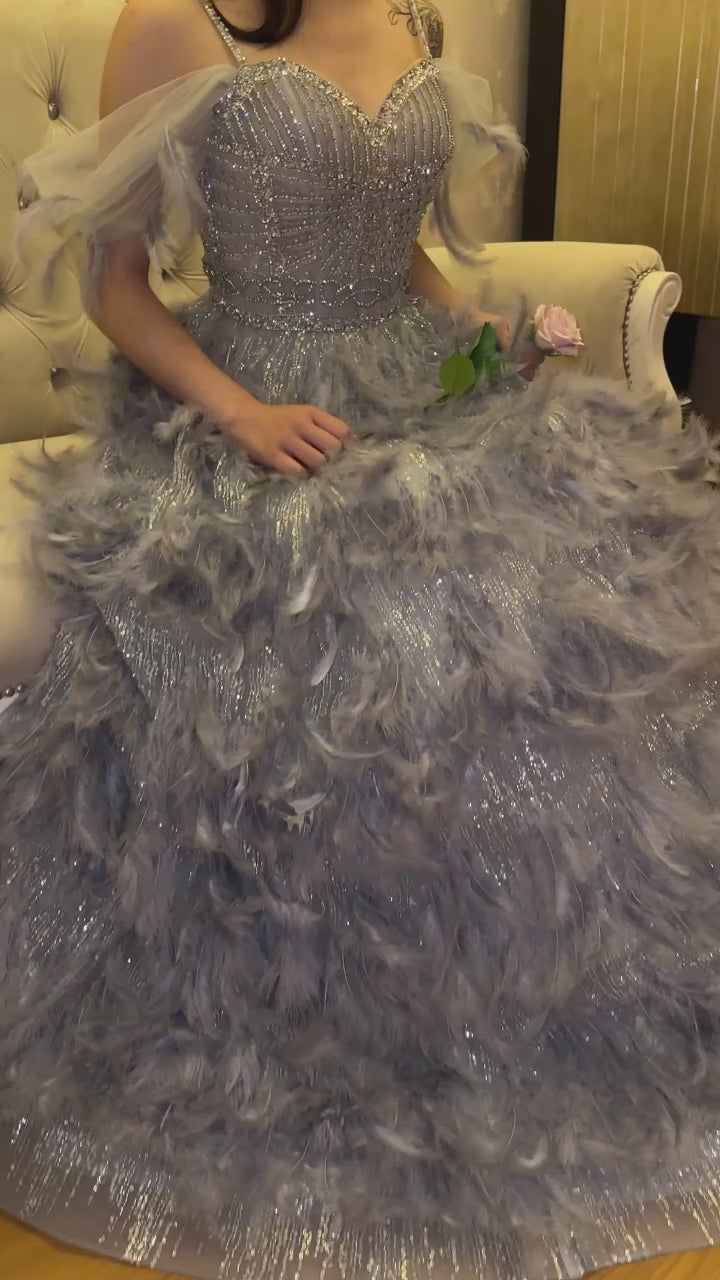 Dreamy Vow Luxury Silver Gray Crystal Feathers Dbai Evening Dress for Women Wedding Engagement Party Gowns SS530