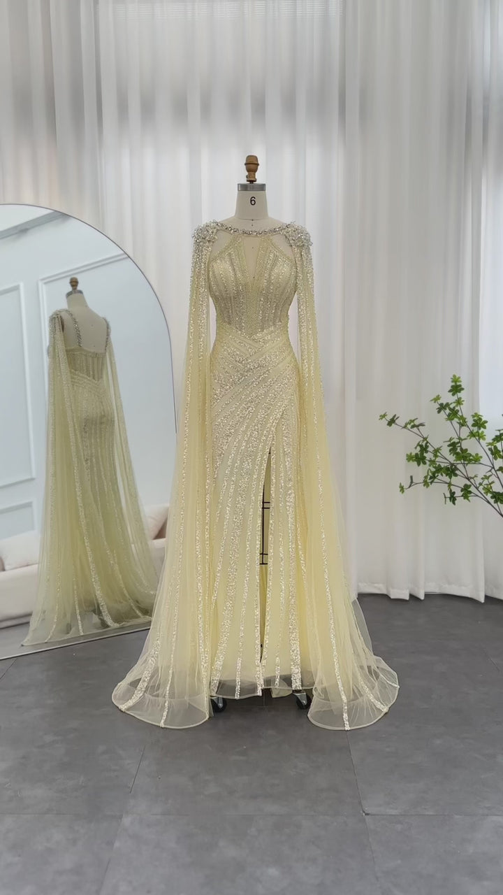 Dreamy Vow Luxury Crystal Dubai Yellow Evening Dress with Cape Sleeves 2023 Lilac Arabic Mermaid Women Wedding Party Gown SS203