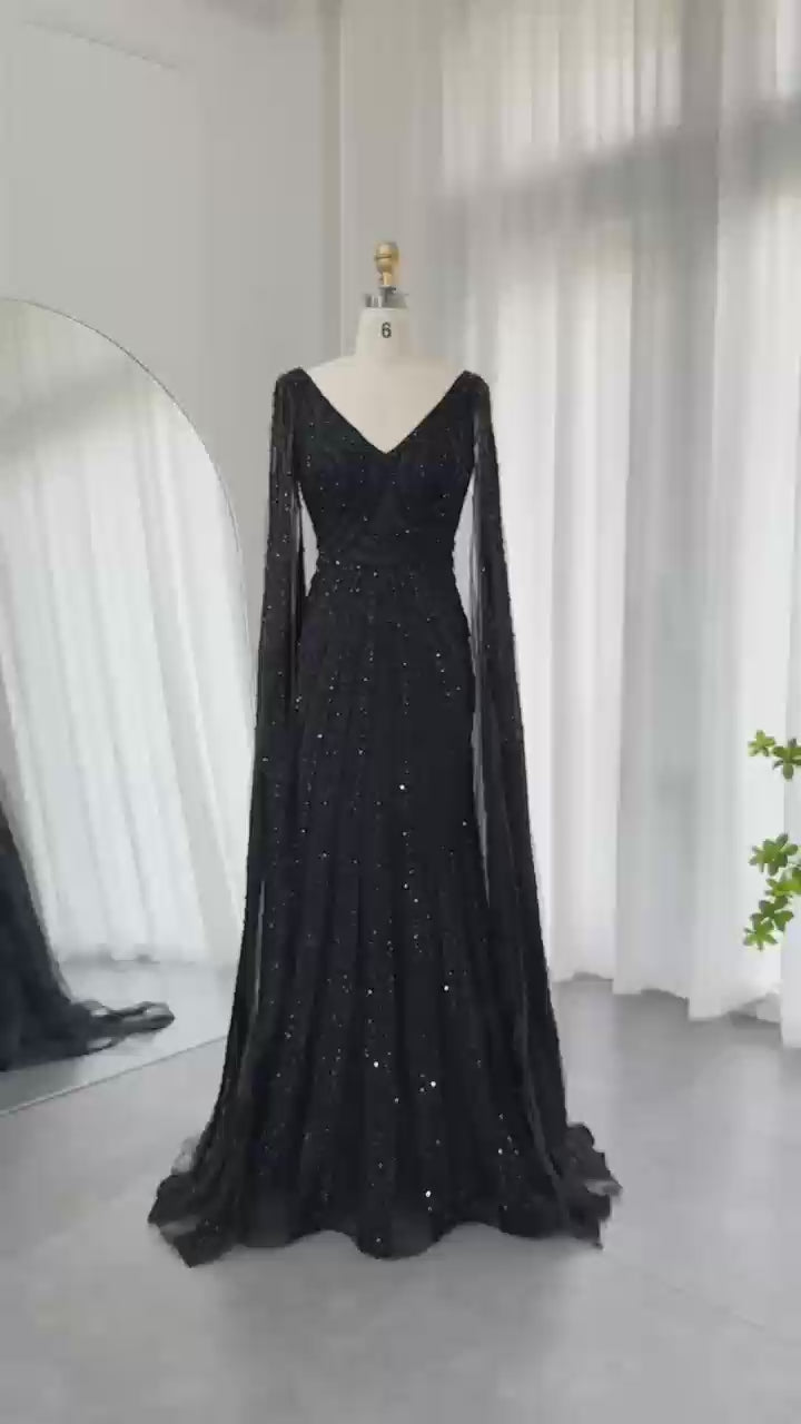 Dreamy Vow Black Arabic Mermaid Evening Dresses with Cape Sleeves 2023 Luxury Beaded Dubai For Women Wedding Party Gowns SS218