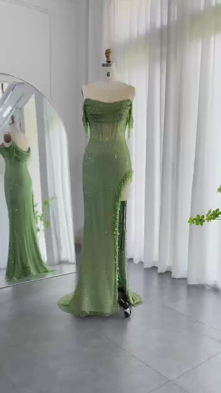 Dreamy Vow Luxury Crystal Dubai Sage Green Evening Dresses Orange Arabic High Slit Prom Dress for Women Wedding Party SS382