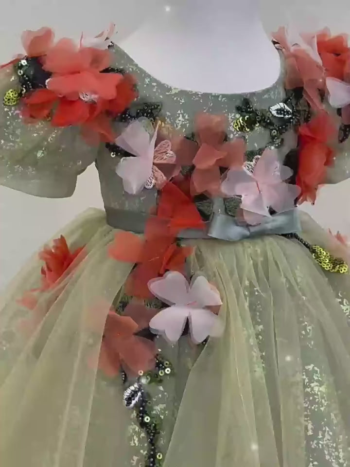 DreamyVow Floral Sage Green Baby Girl Dresses Arabic Handmade Flowers Princess Kids Gown for Birthday Wedding Party Show J404