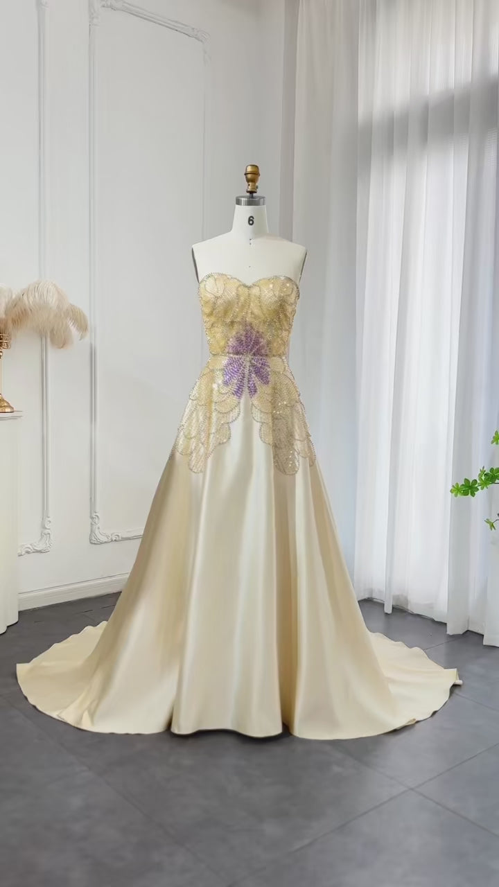 Luxury Beaded Butterfly Beige Evening Dresses for Women Wedding 2024 Elegant Sweetheart Satin Prom Party Gowns SS467