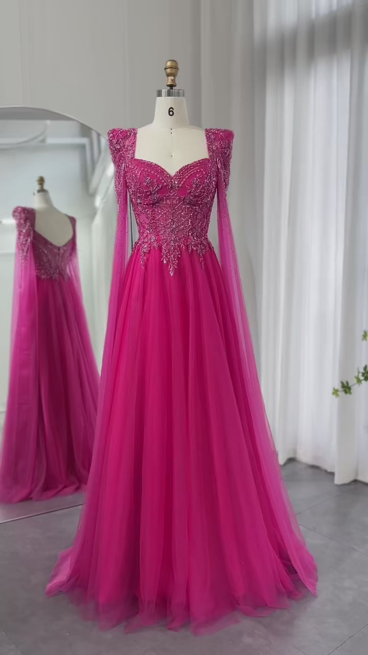 Luxury Beaded Fuchsia Evening Dress with Cape Sleeves SS242