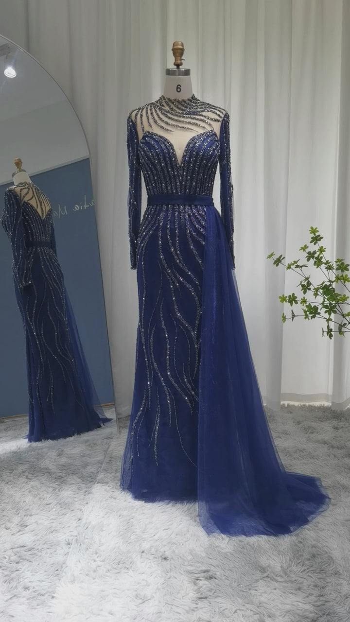 Dreamy Vow Luxury Navy Blue Mermaid Dubai Evening Dress with Detachable Skirt Long Sleeve Arabic Formal Gowns for Women Wedding Party SS526
