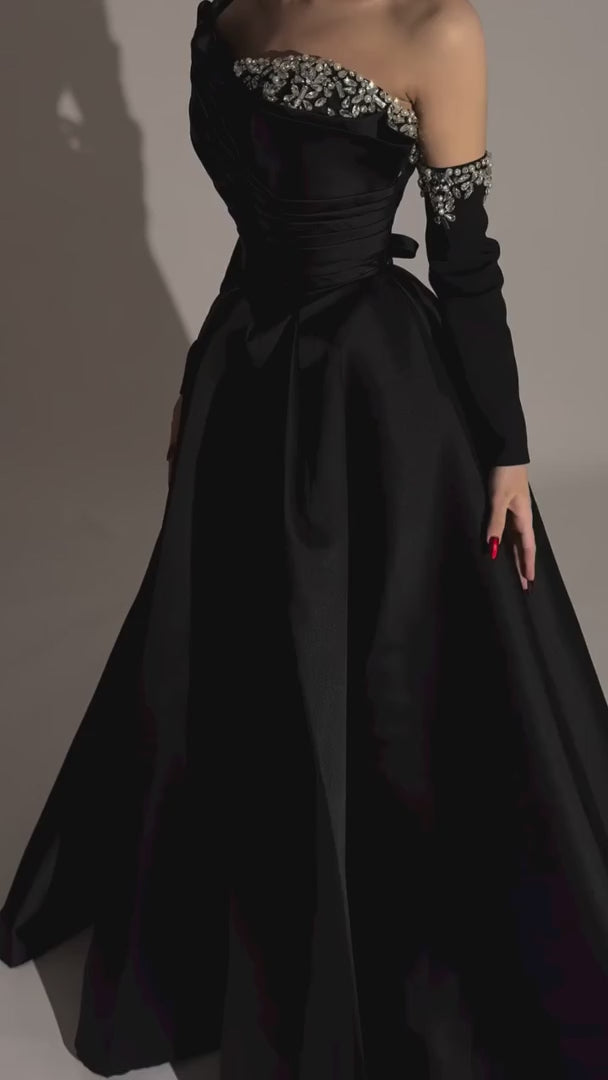 Dreamy Vow Elegant Black Satin Crystal One Shoulder Evening Dress SF272