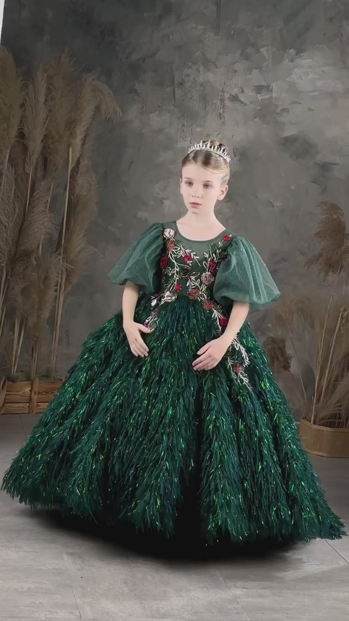 DreamyVow Luxury Dubai Green Flower Girl Dresses Feathers Applique Princess Gown for Kids Birthday Wedding Party Pageant J127