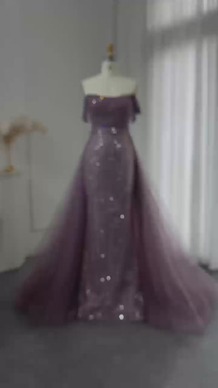 Dreamy Vow Luxury Beaded Arabic Purple Evening Dresses with Overskirt Off Shoulder Dubai Women Wedding Formal Party Gowns SS137