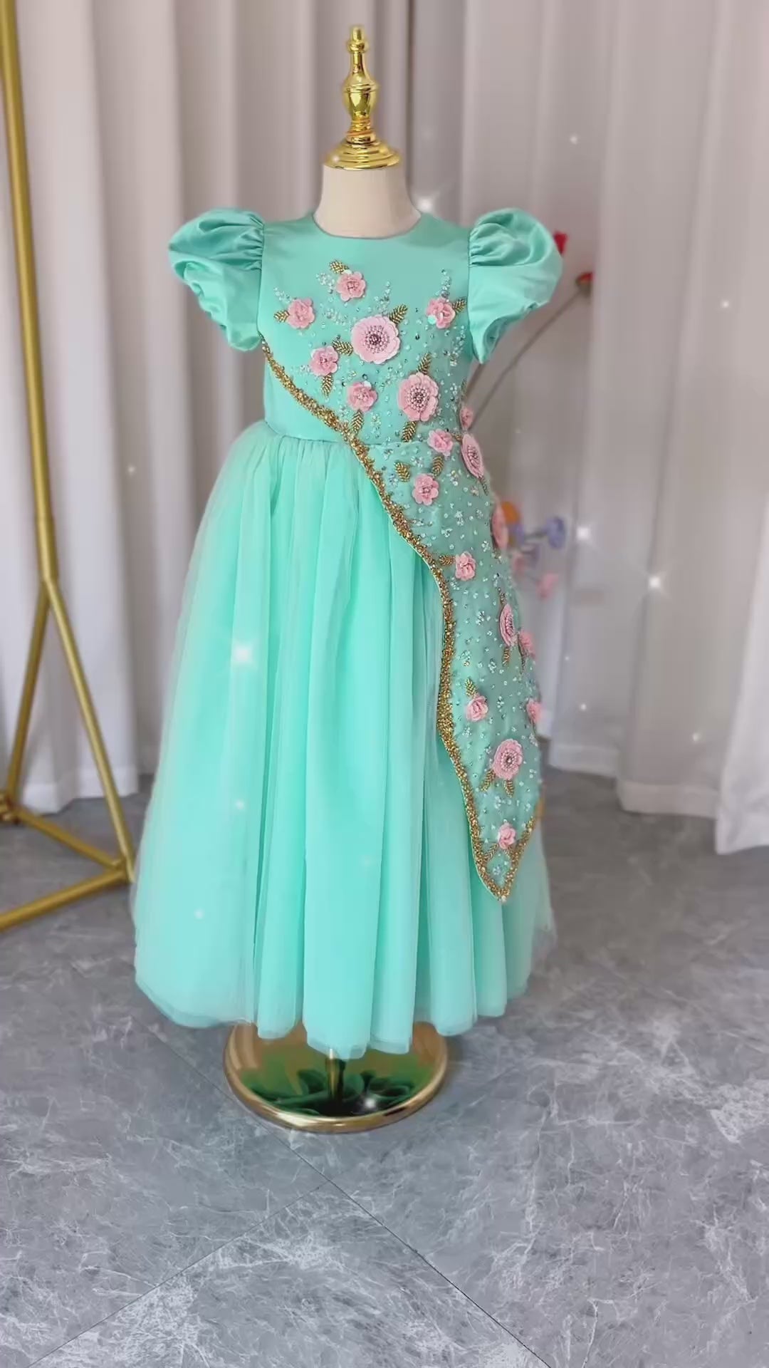 DreamyVow Luxury Turquoise Girl Dress Beadeds Arabic Nika Princess Kids J143