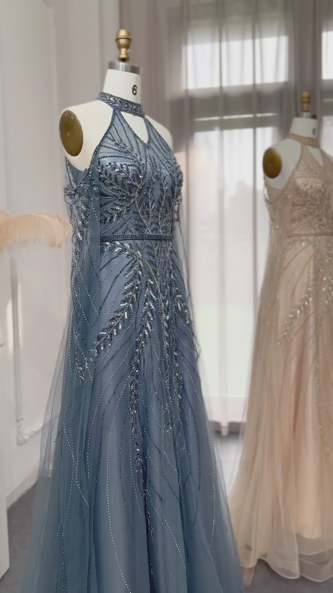 Dreamy Vow Luxury Dubai Blue Evening Dresses with Cape Sleeves Elegant Silver Gray Gold Women Wedding Party Gown In Stock SS085