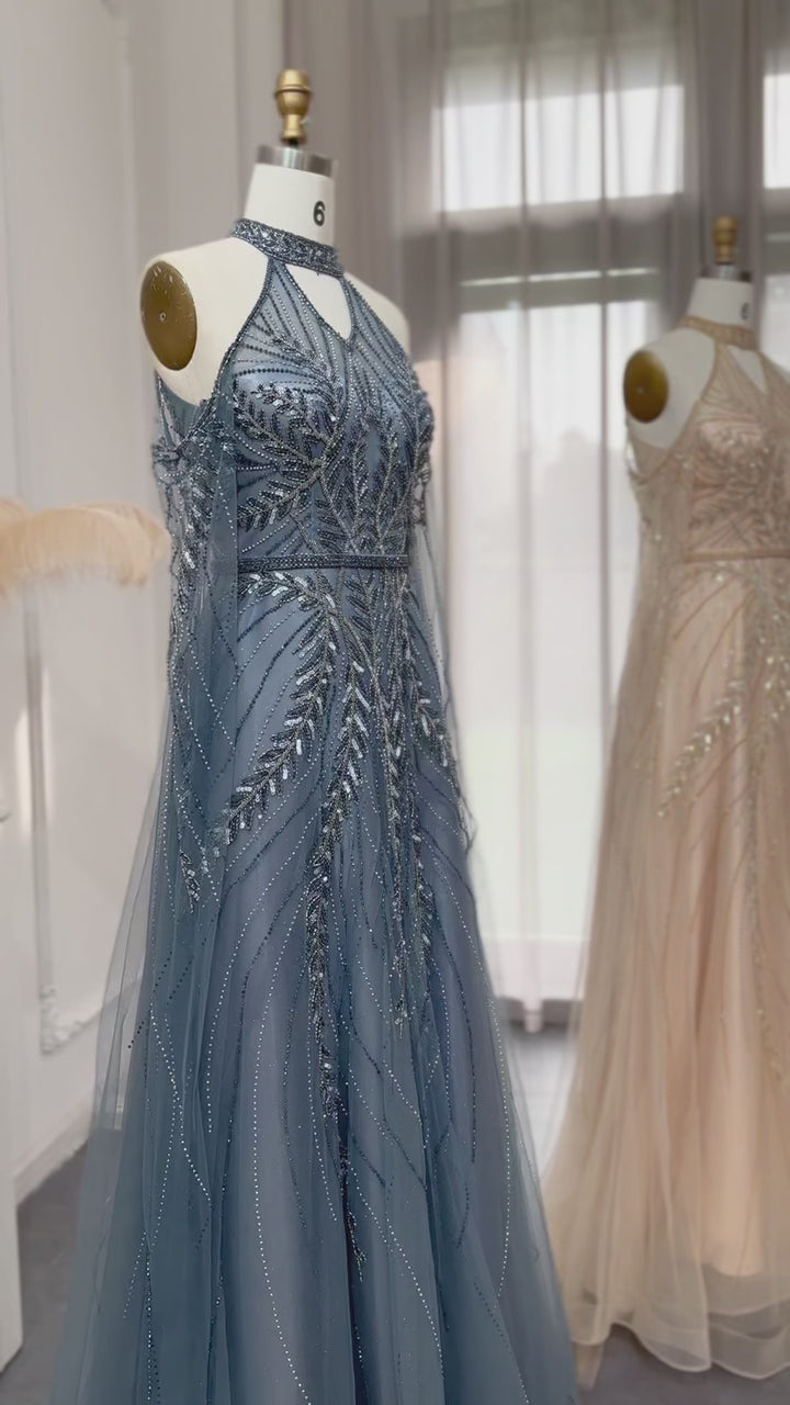 Dreamy Vow Luxury Dubai Blue Evening Dresses with Cape Sleeves Elegant Silver Gray Gold Women Wedding Party Gown In Stock SS085