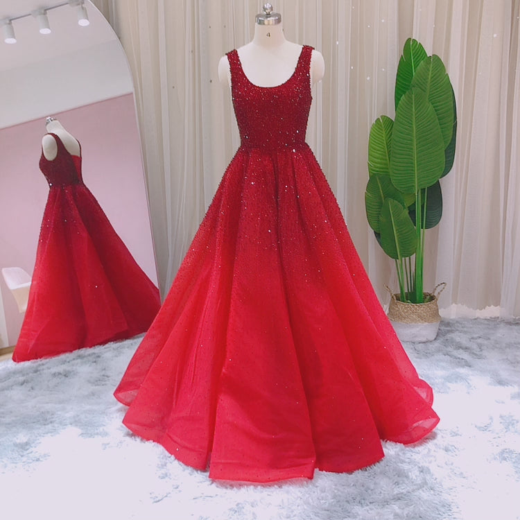 Dreamy Vow Sparkly Crystal Burgundy Ball Gown Evening Dresses Luxury Dubai Gold Formal Party Dress for Women Wedding Prom SS208