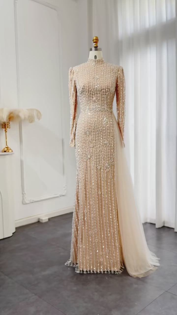 Dreamy Vow Luxury Long Sleeve Nude Evening Dress with Overskirt SS105