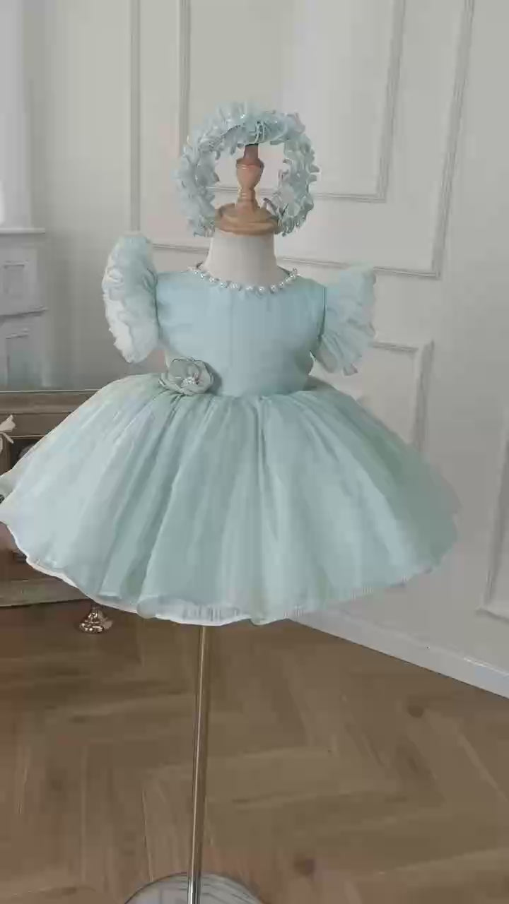 DreamyVow Blue/Green Baby Puffy Sleeve Adorable Girl Dress with Flowers J035