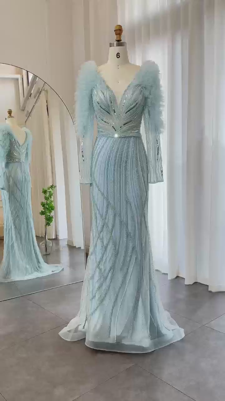 Dreamy Vow Luxury Dubai Long Sleeves Mermaid Lilac Evening Dress for Women Wedding Elegant V-Neck Blue Formal Party Gowns SS433