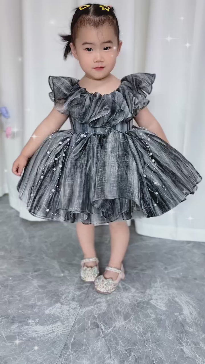 DreamyVow Black Baby Puffy Sleeve Pearls Knee Length Birthday Girl Dress J024