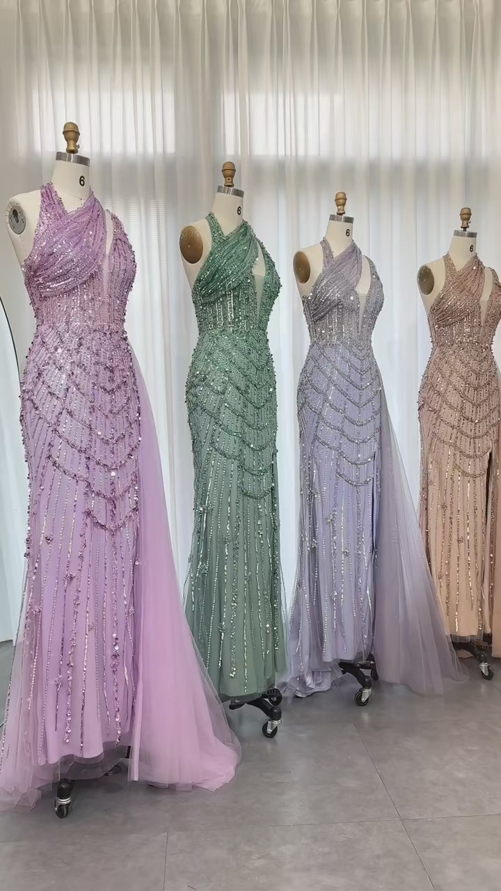 Dreamy Vow Luxury Beaded Lilac Green Mermaid Halter Evening Dress SS180