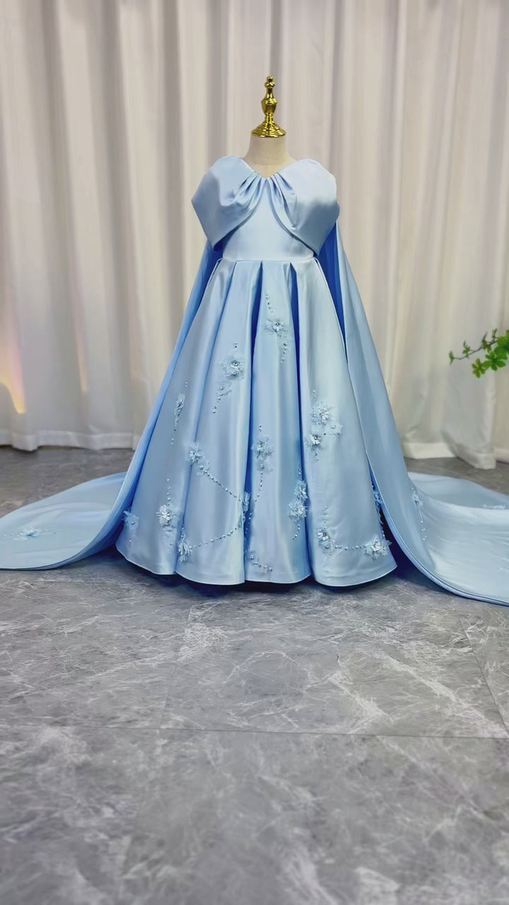 DreamyVow Luxury Blue Dubai Girl Dress Beaded Crystal Arabic Princess Kids Wedding Birthday Party Ball Gown Communion 2024 J379