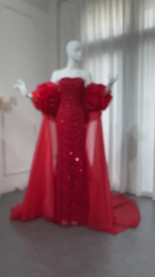 Dreamy Vow Luxury Pearl Red Evening Dress with 3D Flowers Cape SS585