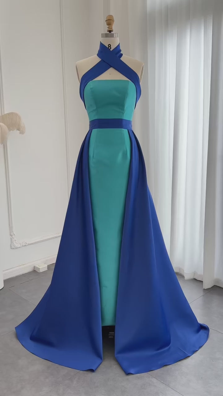 Dreamy Vow Arabic Royal Blue Contrast Turquoise Evening Dress with Overskirt Criss Cross Halter Women Wedding Party Dress SF012