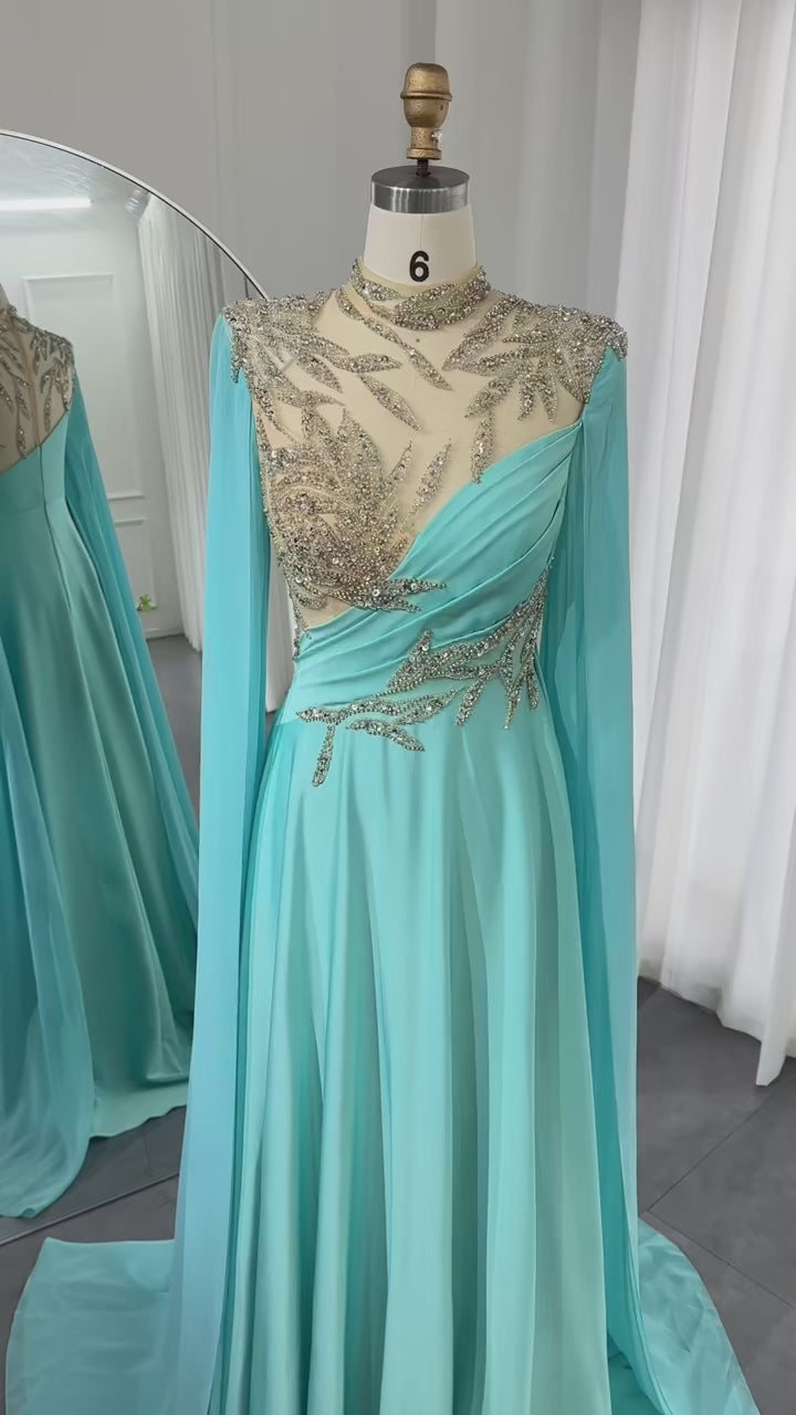 Luxury Crystal Turquoise Blue Evening Dress with Cap Sleeves SS207