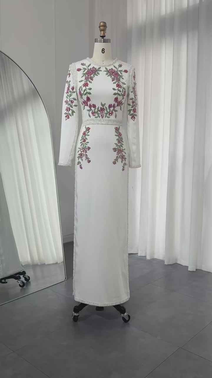 Dreamy Vow Elegant White Long Sleeves Embroidery Flora Evening Dress SS541