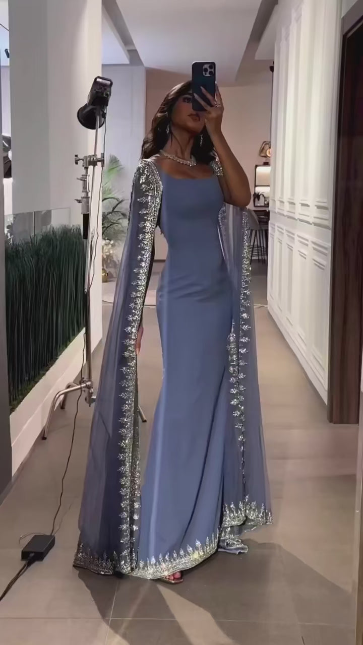 Dreamy Vow Luxus Kristall Blau Meerjungfrau Dubai Abendkleider mit Cape-Ärmeln Elegante Arabische Frauen Hochzeit Party Kleider SS445 