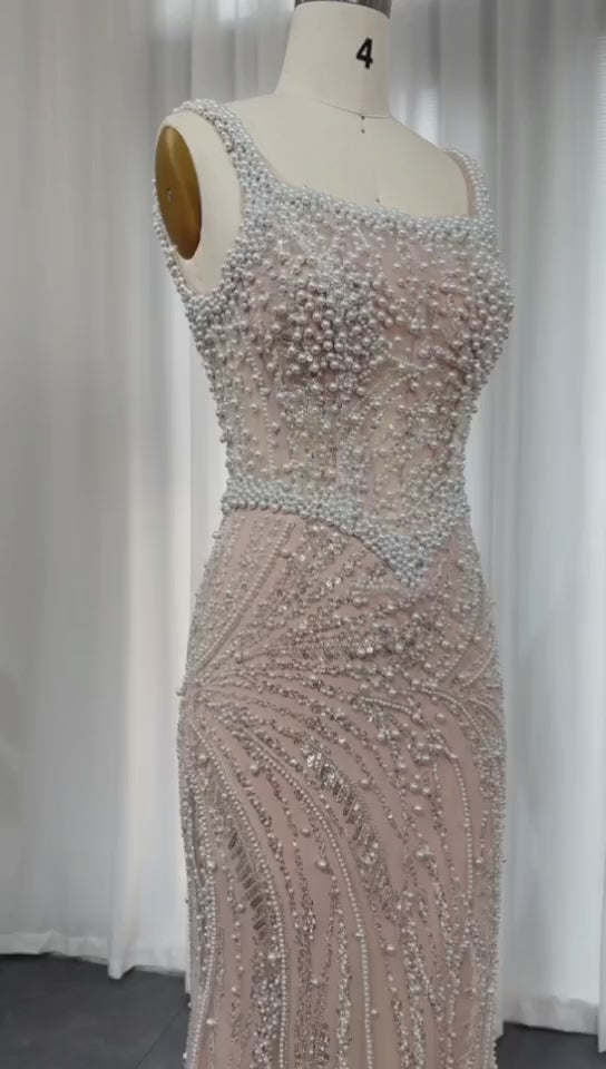 Elegant Mermaid White Nude Pearls Evening Dress SS134