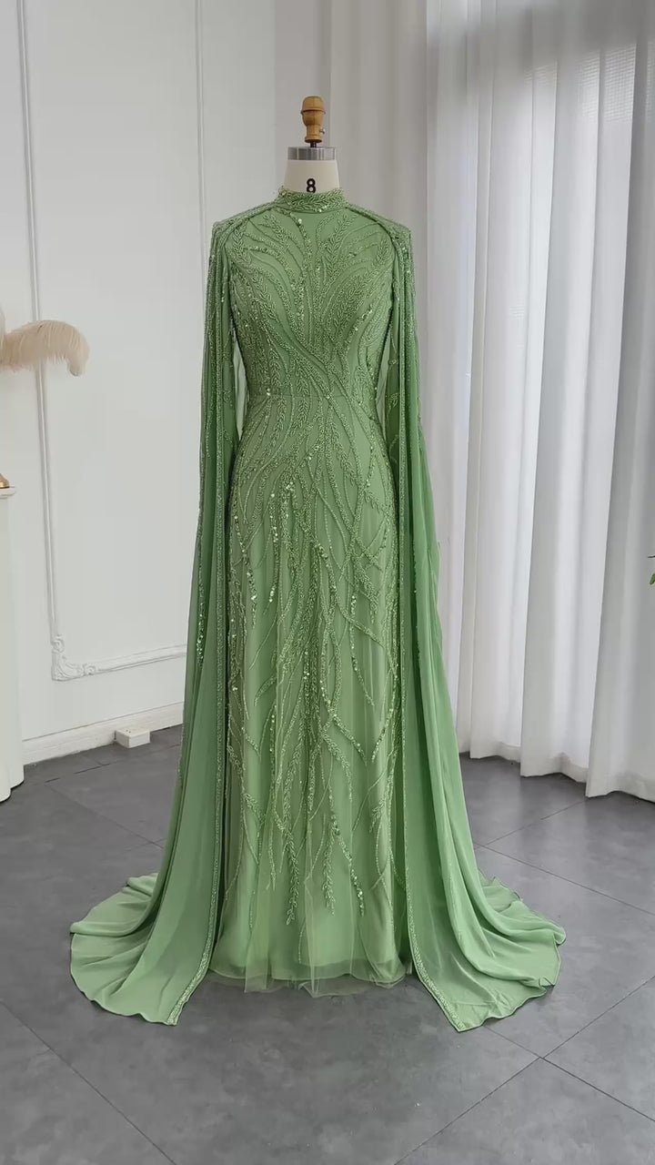 Luxury Sage Green Muslim Evening Dress with Cape Long Sleeves SS387